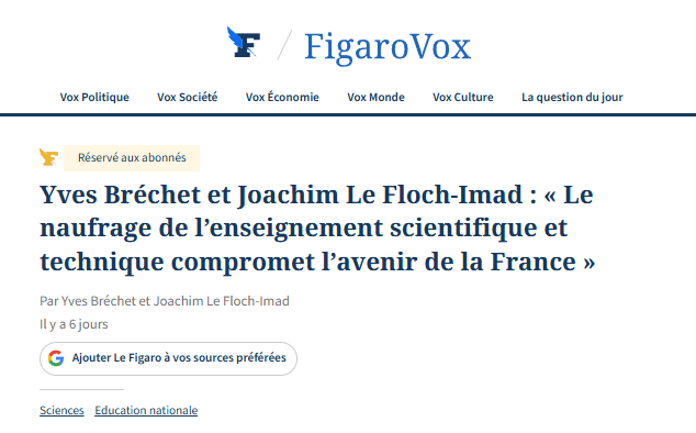 Enseignement scientifique et technique : l�avenir industriel, �cologique et souverain de la France est en jeu 