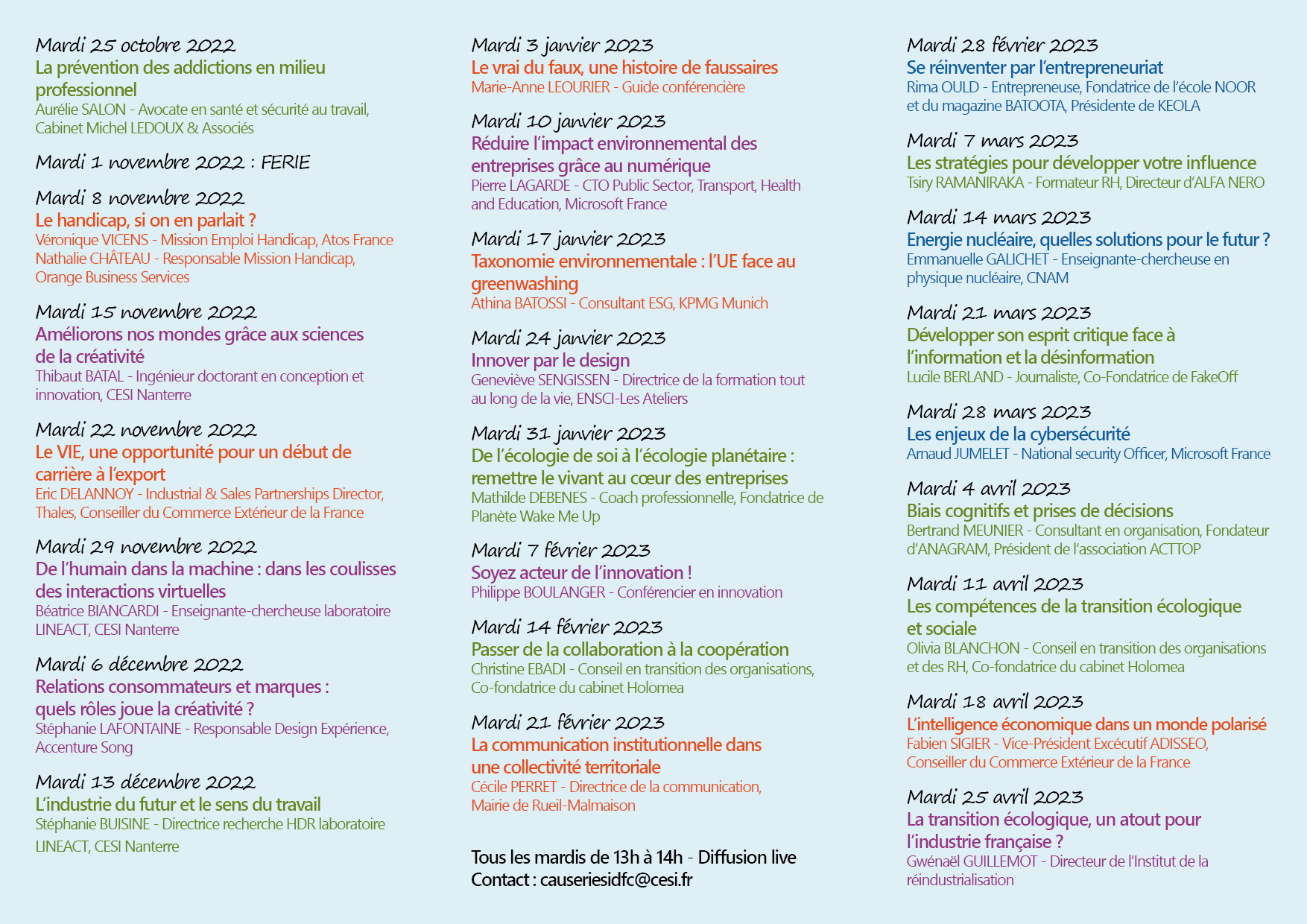 2022-2023 -Causeries CESI -Programme liste